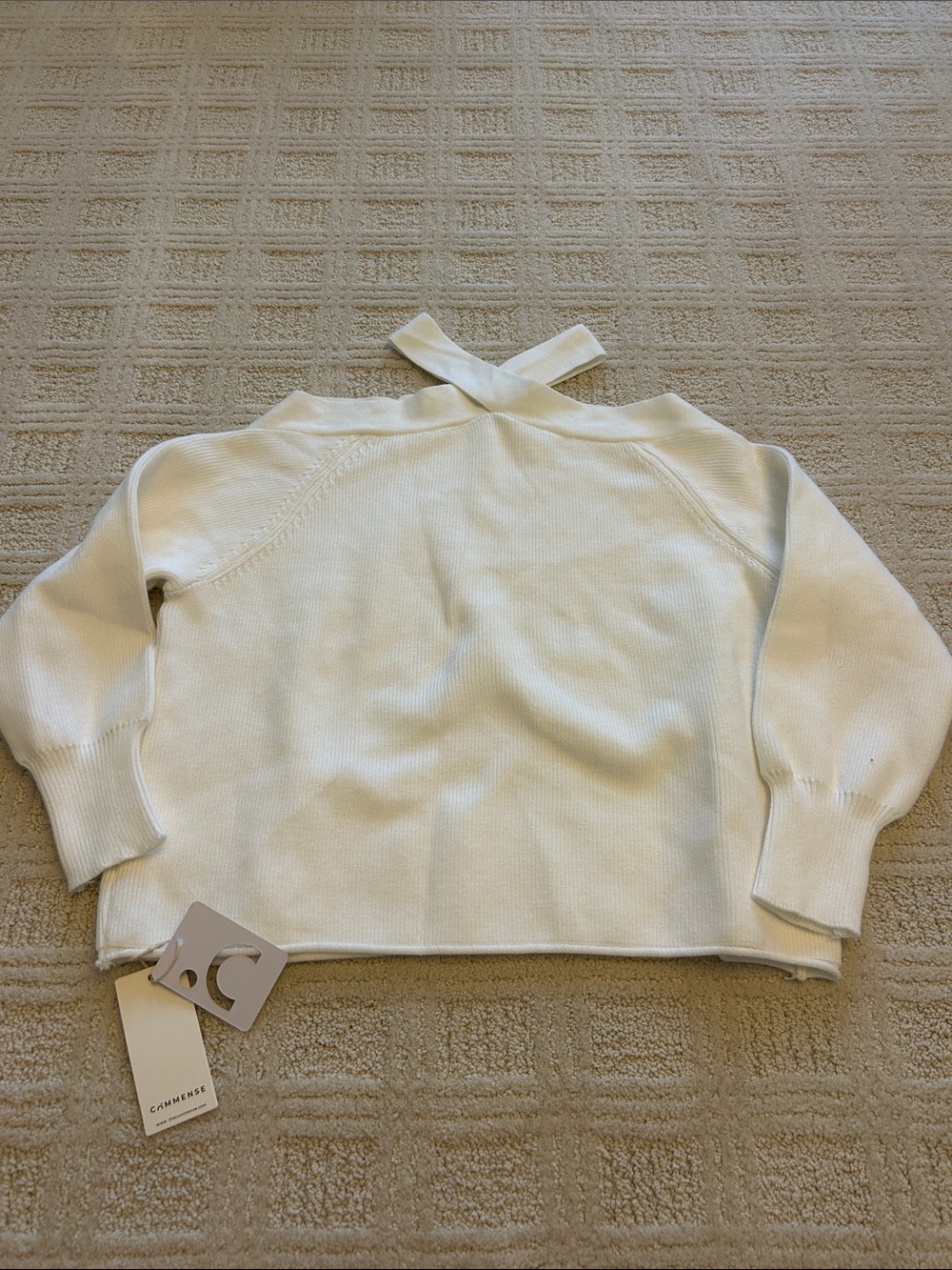 Commense Cream Off-Shoulder Cross-Strap Knit Sweater